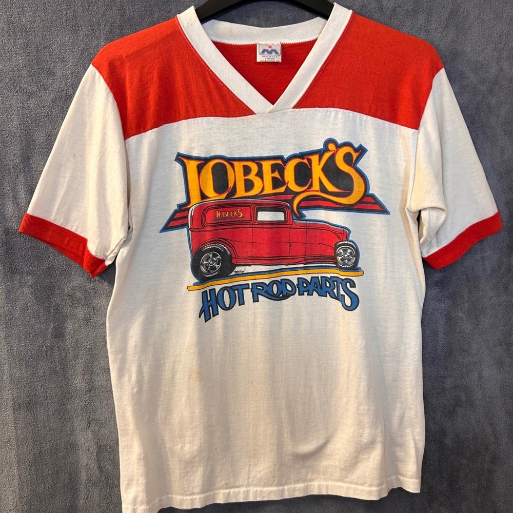 VTG 80s Lobeck's‎ Hot Rod Parts Mens S (Lg Tag) V-Neck Football T-Shirt USA